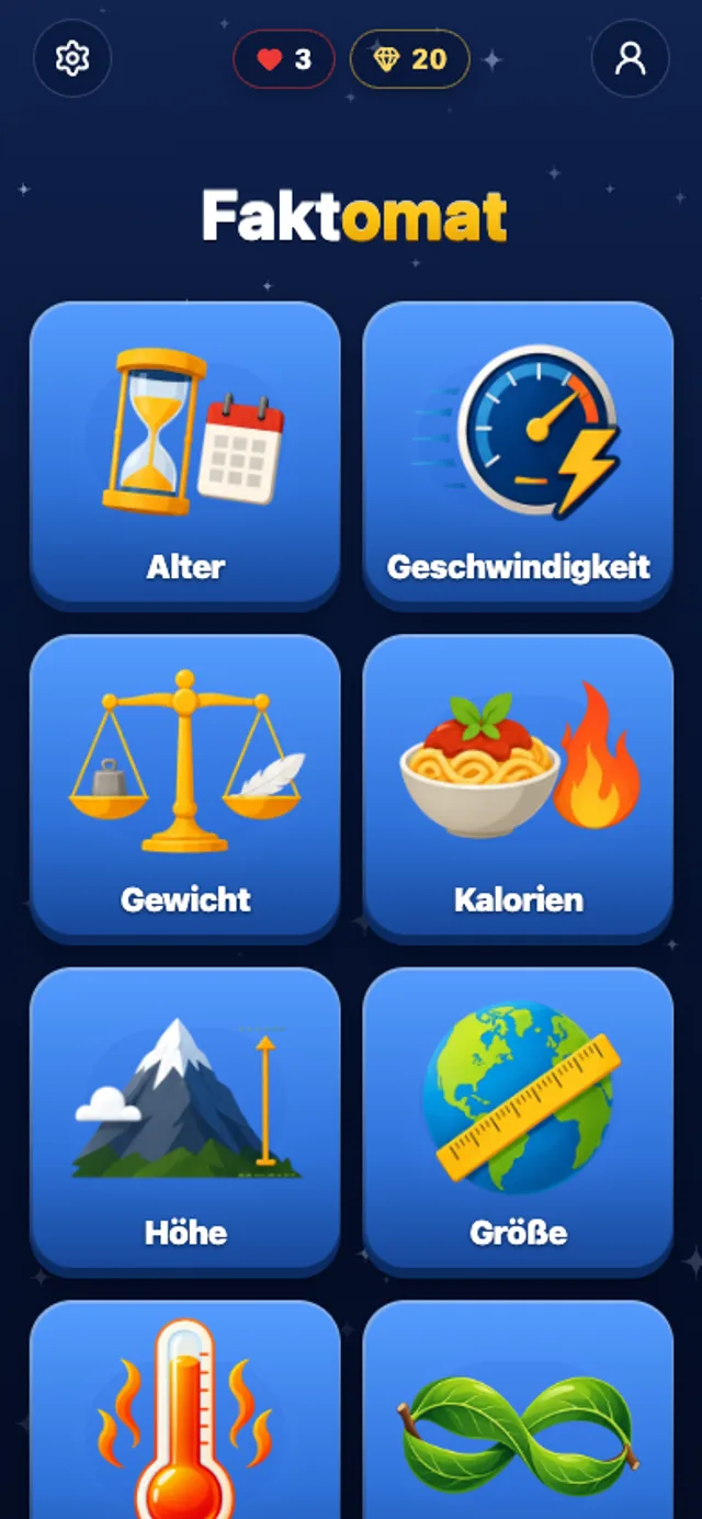 Startseite von Faktomat mit Kategorien wie Alter, Geschwindigkeit, Gewicht und Kalorien.